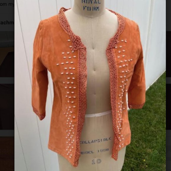 Orange Suede Leather Beaded Embroidered Jacket, S - Picture 2 of 8